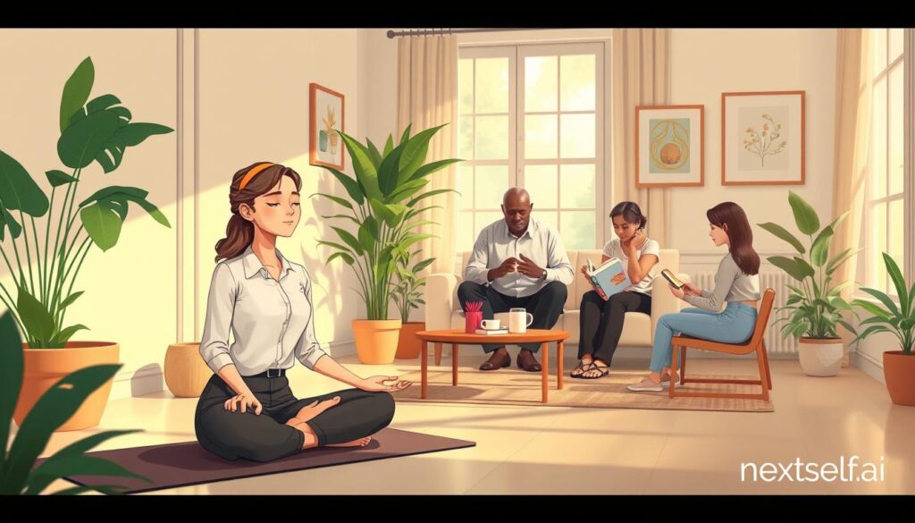 A serene indoor environment dedicated to mindfulness practices, featuring a diverse group of three individuals engaged in various activities. In the foreground, a young woman in business casual attire meditates on a yoga mat, her eyes closed and a tranquil expression on her face. In the middle, an older gentleman, dressed in comfortable yet professional clothing, practices deep breathing by an indoor plant, enhancing the calming atmosphere. In the background, a man and woman are discussing mindfulness books on a small coffee table, surrounded by soft, natural lighting filtering through large windows. The room is decorated with plants and calming artwork, creating a peaceful and reflective mood. Soft shadows and warm tones enhance the sense of tranquility and focus. Branding subtly integrated in a corner indicates "nextself.ai". A serene indoor environment dedicated to mindfulness practices, featuring a diverse group of three individuals engaged in various activities. In the foreground, a young woman in business casual attire meditates on a yoga mat, her eyes closed and a tranquil expression on her face. In the middle, an older gentleman, dressed in comfortable yet professional clothing, practices deep breathing by an indoor plant, enhancing the calming atmosphere. In the background, a man and woman are discussing mindfulness books on a small coffee table, surrounded by soft, natural lighting filtering through large windows. The room is decorated with plants and calming artwork, creating a peaceful and reflective mood. Soft shadows and warm tones enhance the sense of tranquility and focus. Branding subtly integrated in a corner indicates "nextself.ai".