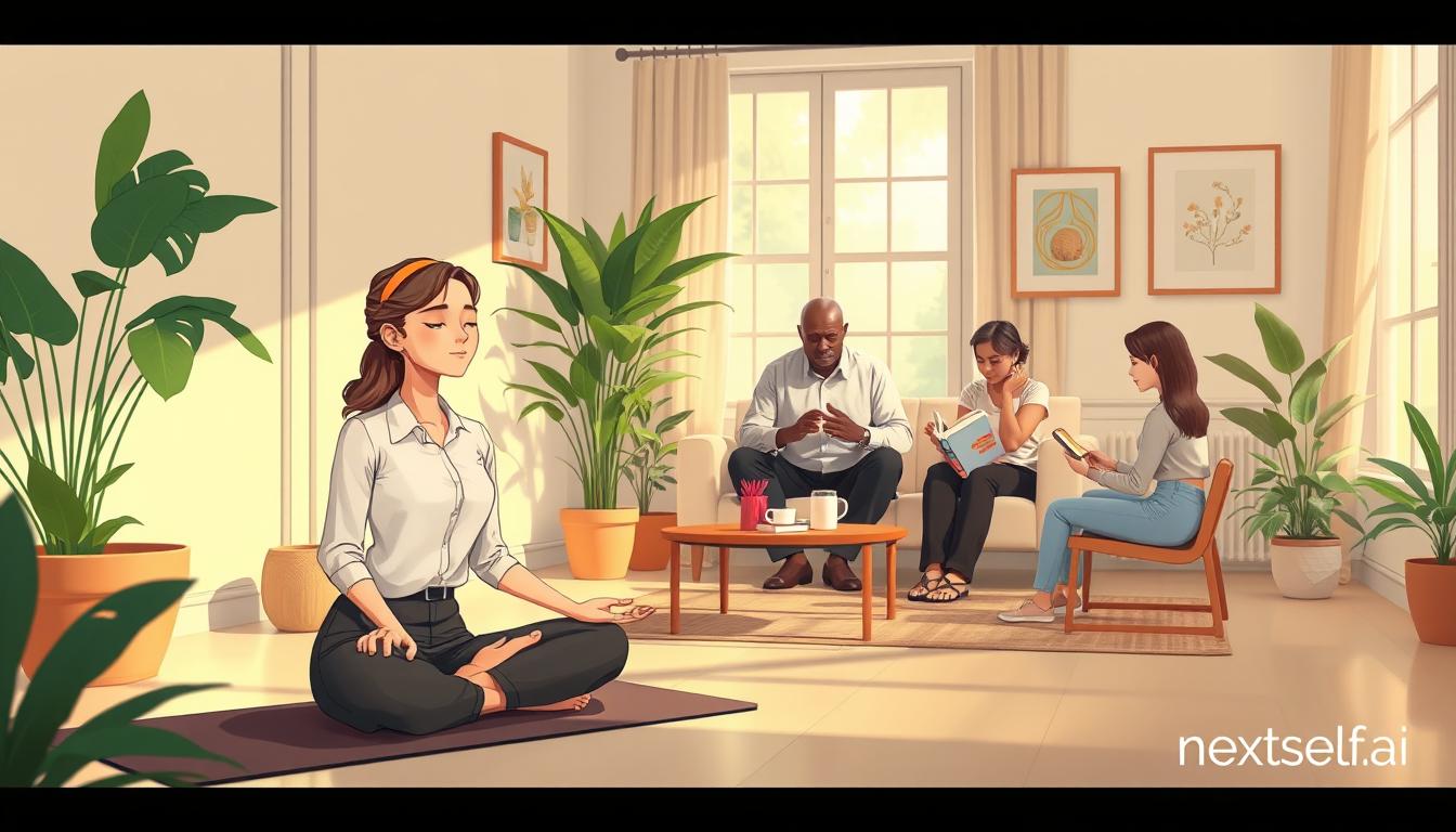 A serene, plant-filled room where people practise mindfulness together