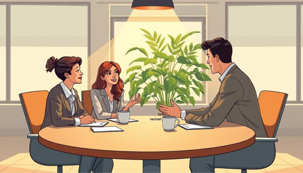 Four people in a warm meeting room listening with real attention